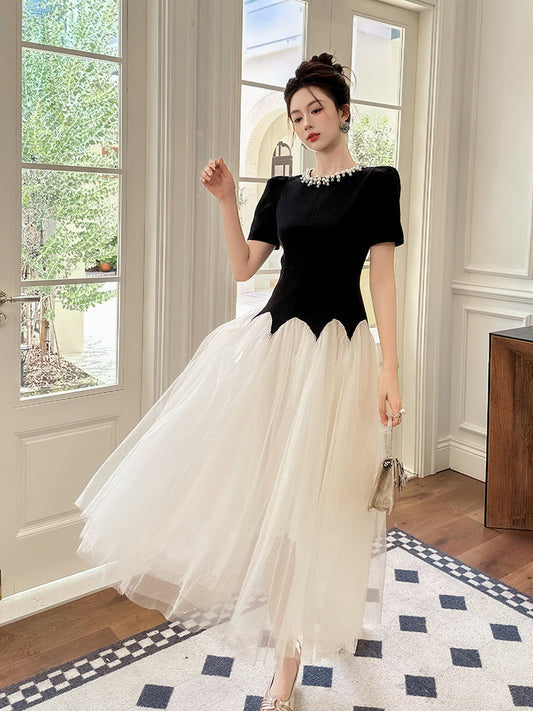 leona black-white Two-Tone rhinestone neck tulle maxi Dress