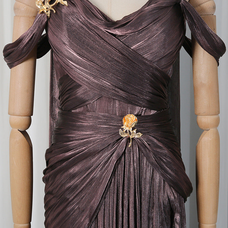 Bronze Metallic Draped A-Line Evening Gown with High Slit