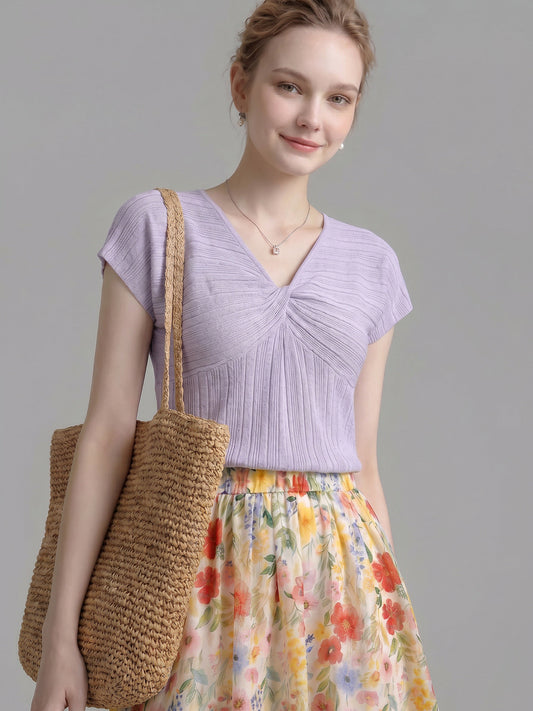 Front Twist V Neck Cap Sleeve Textured Knit Top