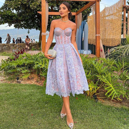 AGNENS Purple Sexy Strapless Embroidered Lace Midi Dress