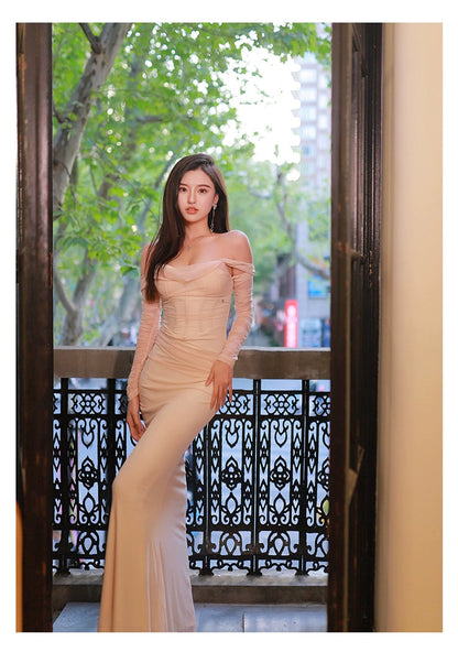 Ariel apricot Mesh Off-Shoulder Mermaid maxi Dress