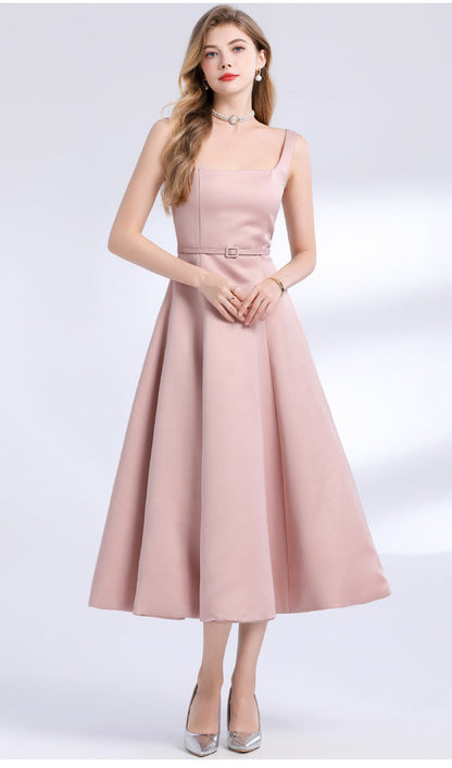 amelia square neck Satin Slip midi Dress - pink
