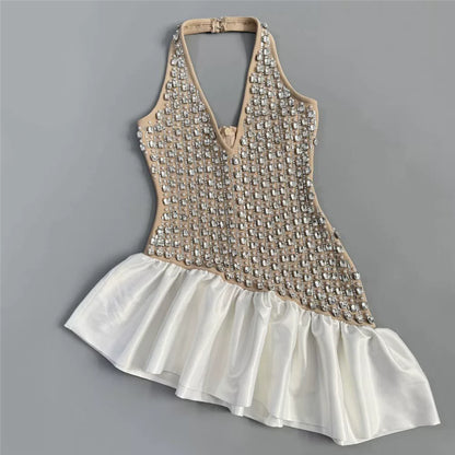 Rhinestone Mesh Halter Ruffle Satin Mini Dress