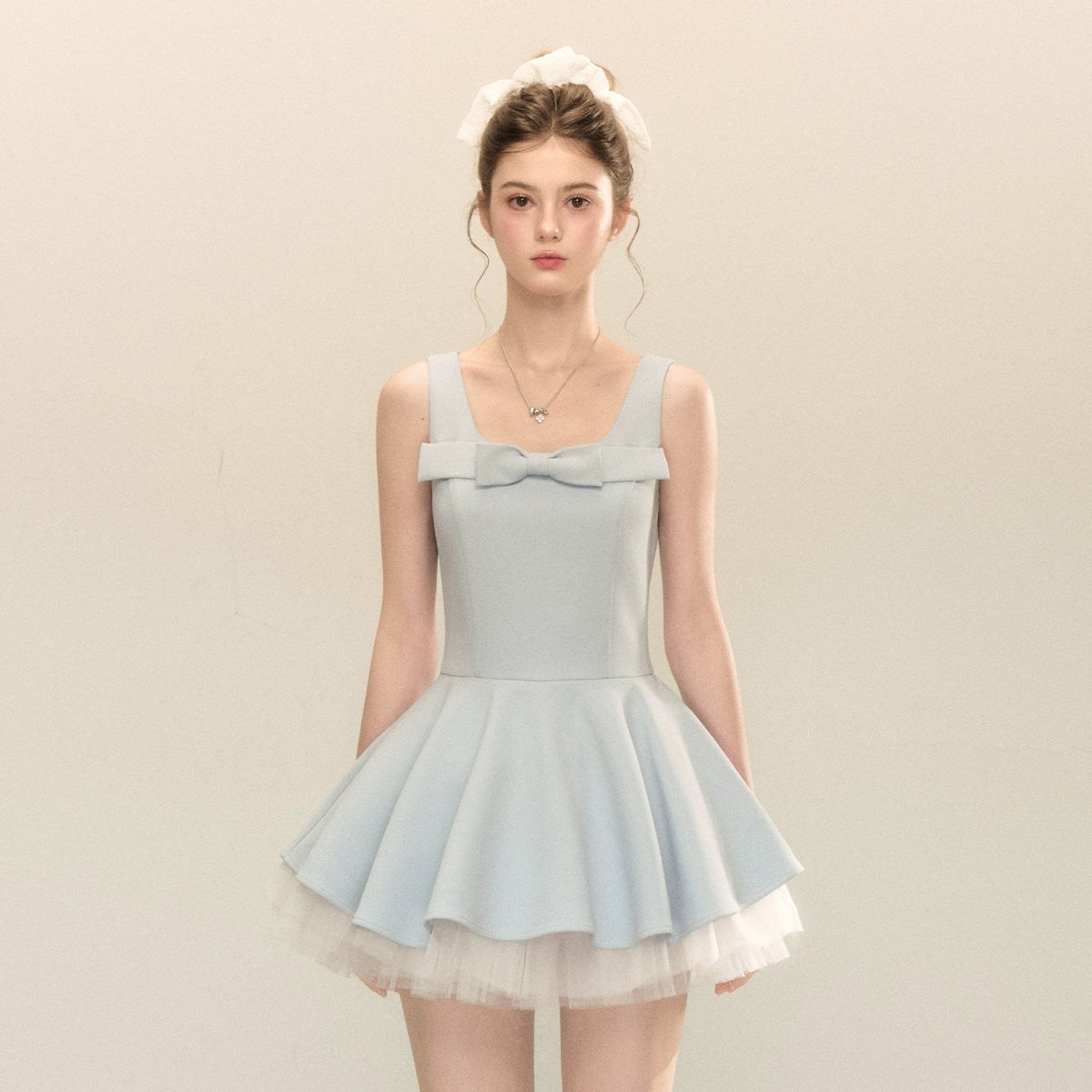 spliced mesh puffy mini dress