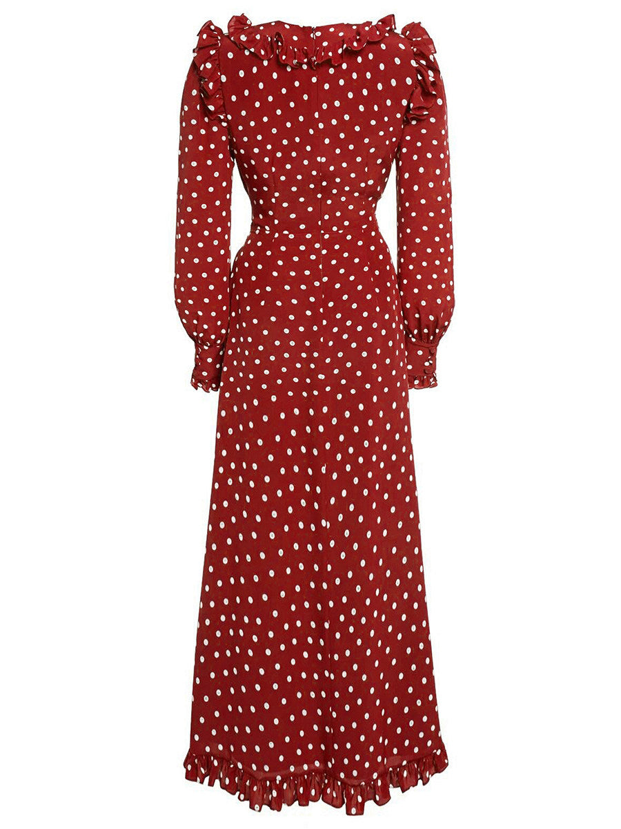 red long sleeve polka dot midi dress
