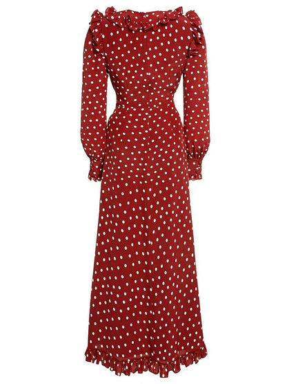 red long sleeve polka dot midi dress