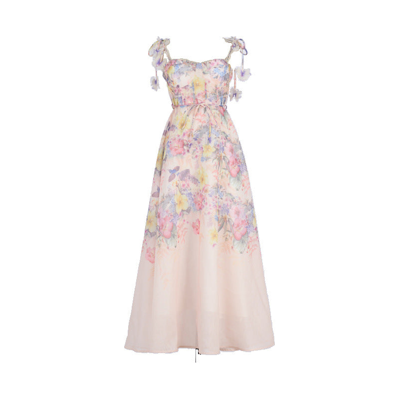 Pastel Floral Print Spaghetti Strap Midi Dress with 3D Flower Appliqués