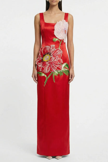 nicola square neck flower embroidery satin maxi dress in red