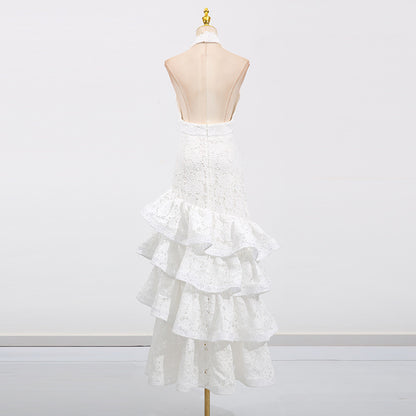 hazel white Deep V-neck halterneck layer ruffle trim maxi dress