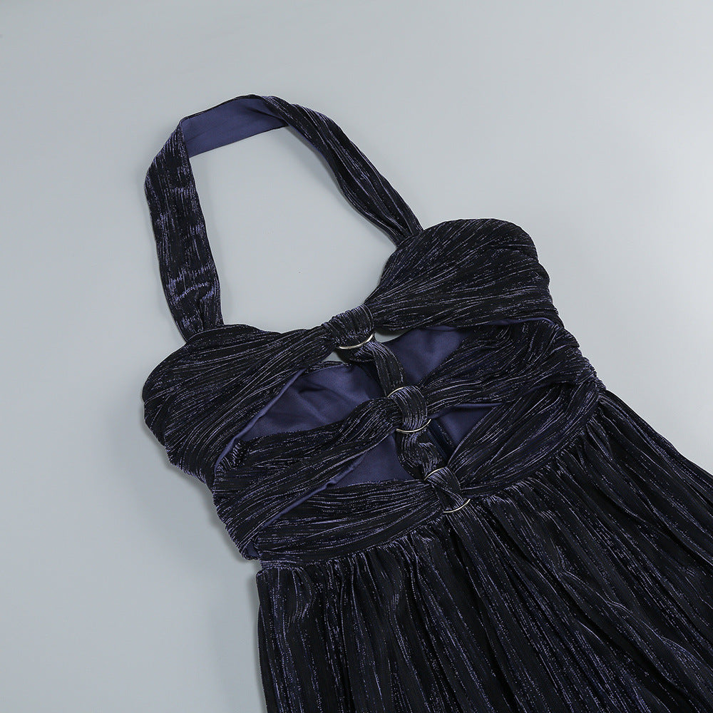 bonnie halter pleated cutout maxi dress in navy blue