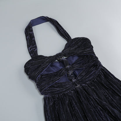 bonnie halter pleated cutout maxi dress in navy blue