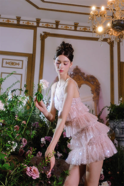 Pink Sleeveless Sequin layer ruffle short Dinner Dress
