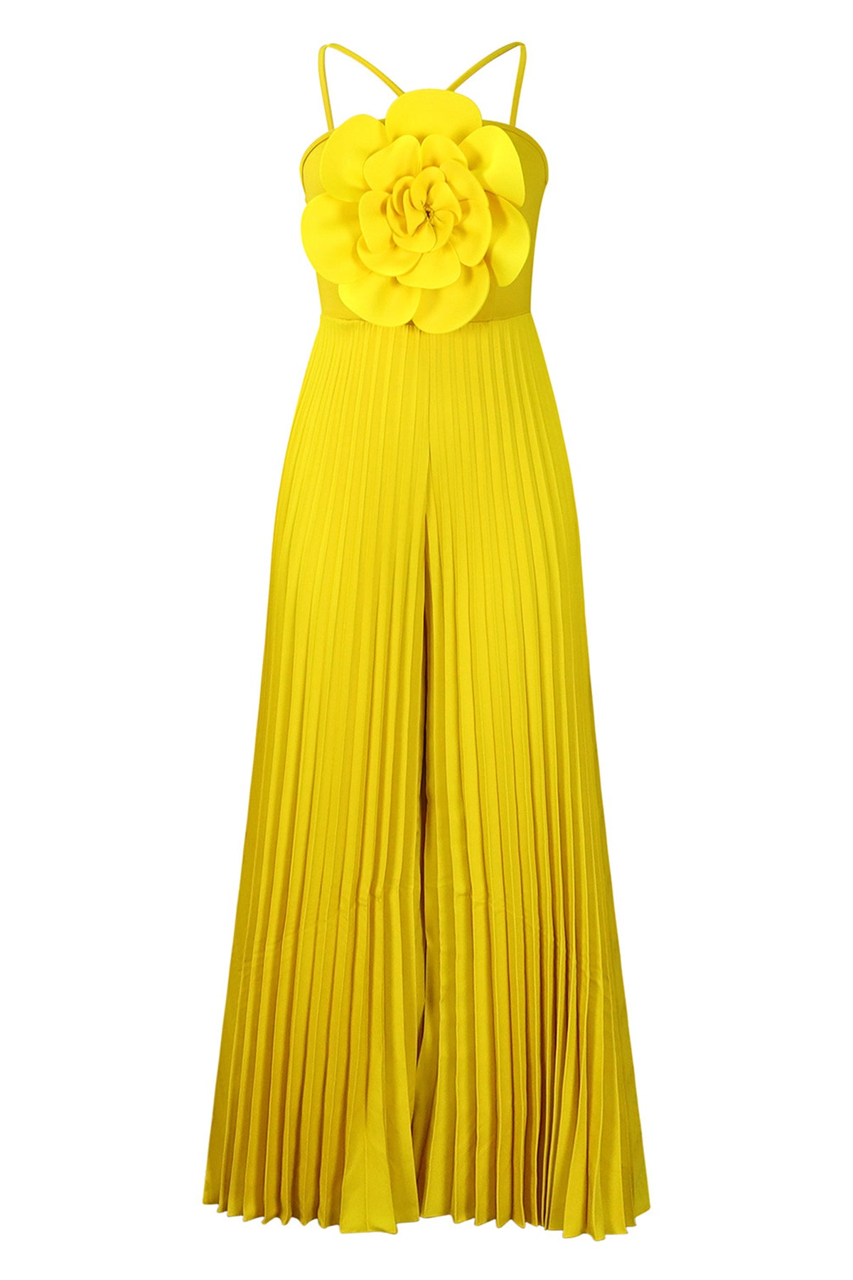 Bright Yellow 3D Floral Halter Pleated Wide Leg Jumpsuit
