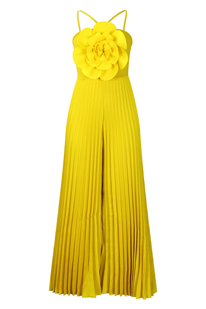 Bright Yellow 3D Floral Halter Pleated Wide Leg Jumpsuit