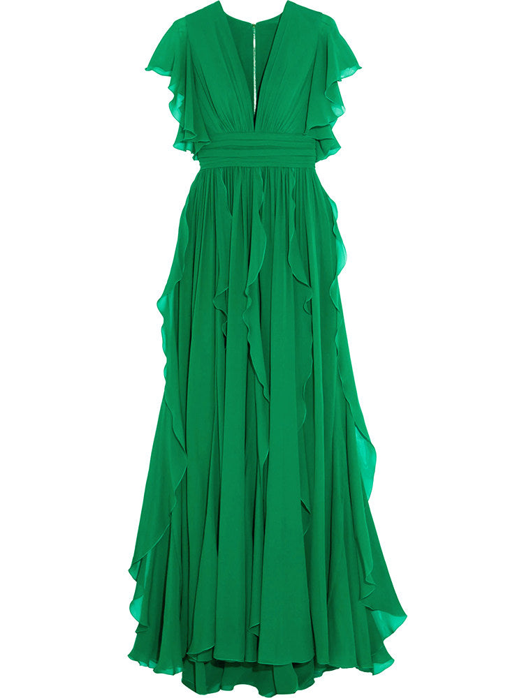 green V-neck ruffle maxi dress