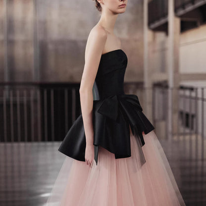 Strapless Satin Big Bow Contrast Pink Tulle Ball Gown