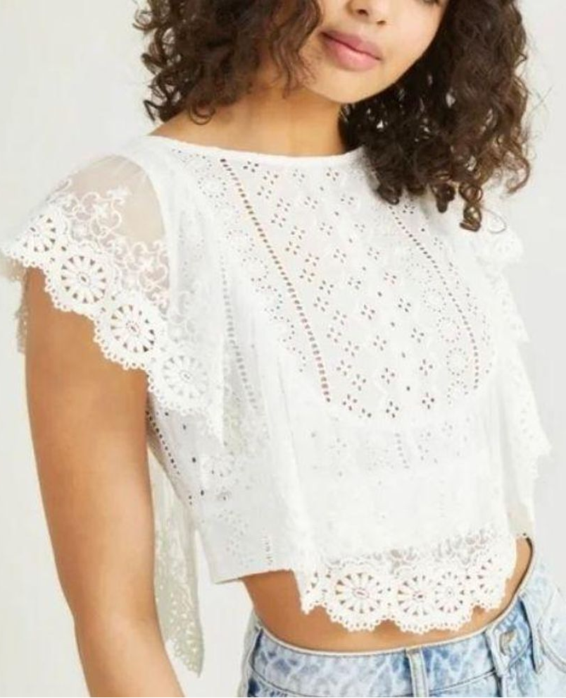 White Eyelet Lace Flutter Sleeve Blouse
