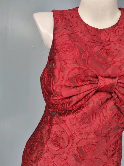 burgundy bow jacquard mini dress