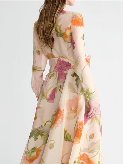 printed long sleeves strap dress