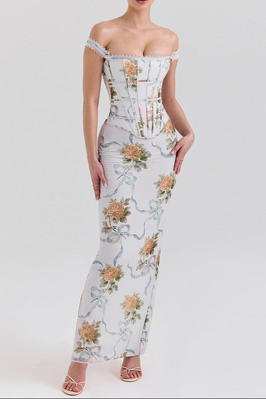 phoenix white Floral Print Fitted Corset Maxi Dress