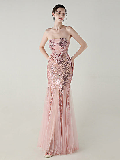 sequin strapless tulle maxi dress