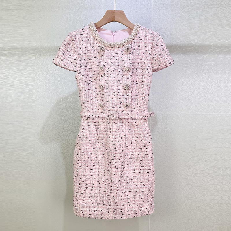 Embellished Bouclé Mini Dress in pink