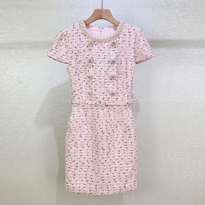 Embellished Bouclé Mini Dress in pink
