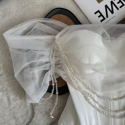 White Structured Satin Corset Top with Pearl-Embellished Off-Shoulder Sleeves