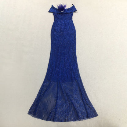 riva feather embellished hollowed sequin bodycon maxi dress in blue