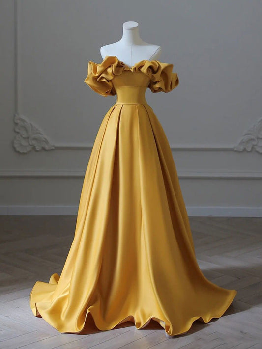 Yellow A-Line Satin maxi Prom Dress