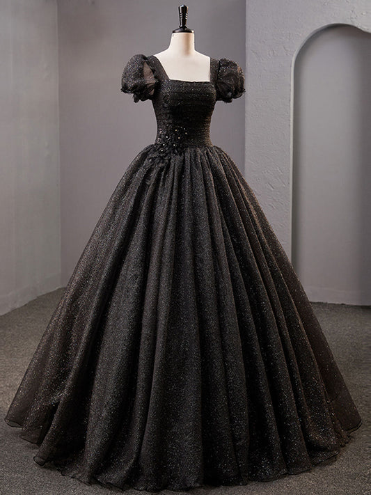 shiny Black Square Neckline Tulle Prom Dress