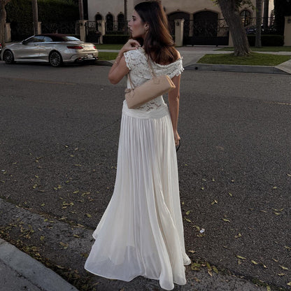 New winter style sheer V-neck lace-trimmed maxi dress