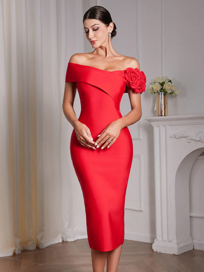 jessica Red 3D Flower Bandage Midi Dress
