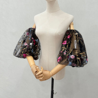 Black Sheer Tulle Multicolor Floral Embroidery Detachable Puff Arm Cuffs