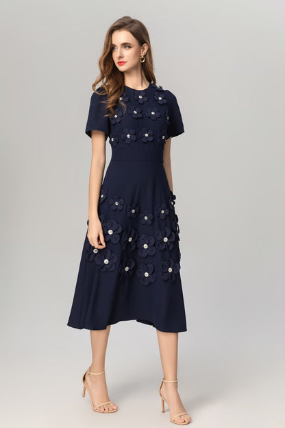 katherine 3d flower appliqué midi dress in navy blue