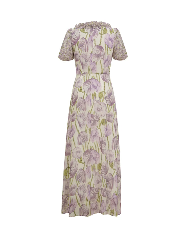Puff sleeve floral skirt summer small fresh very fairy dress, purple summer thin long skirt gentle fungus side girl