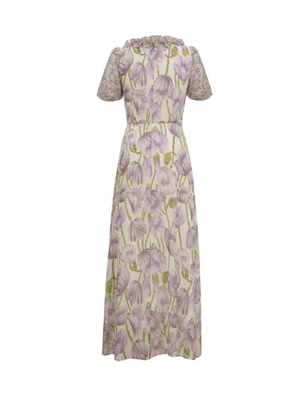 Puff sleeve floral skirt summer small fresh very fairy dress, purple summer thin long skirt gentle fungus side girl