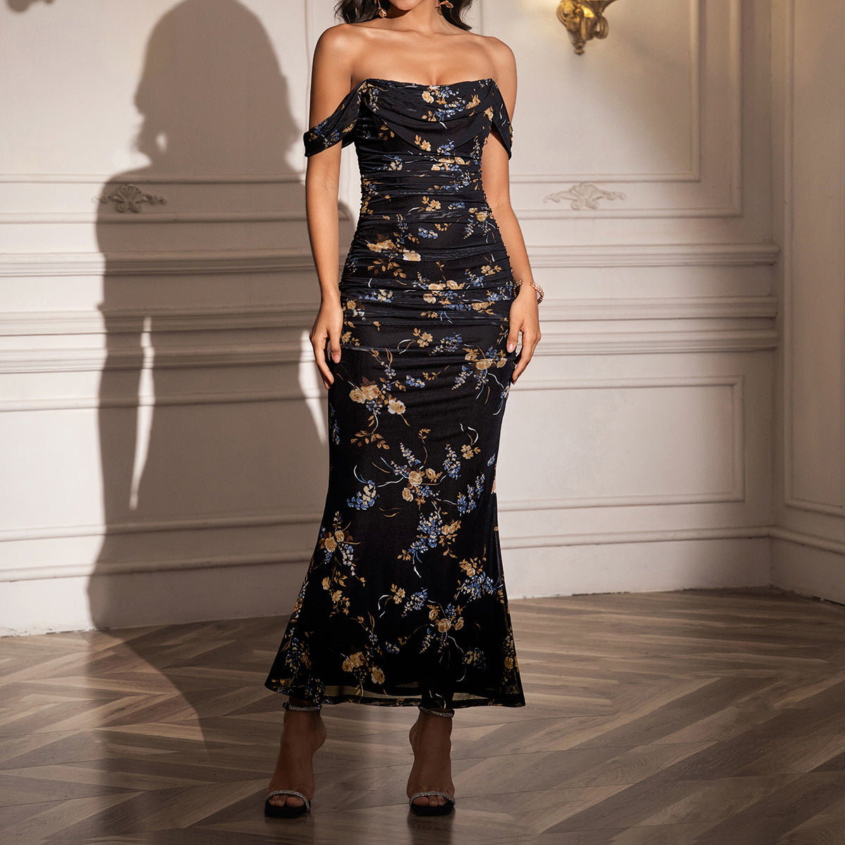Off Shoulder Draped Cowl Ruched Mesh Mermaid Maxi Dress