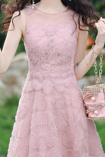 Pink 3D Floral Beaded Maxi Dress