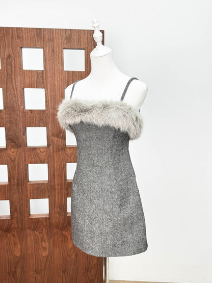 victoria Spaghetti Faux Fur Mini Dress in grey
