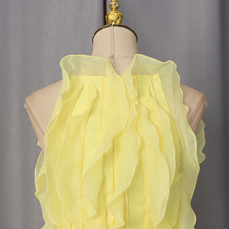 Pastel Yellow Chiffon Fit-and-Flare Mini Dress