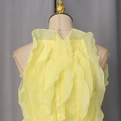 Pastel Yellow Chiffon Fit-and-Flare Mini Dress