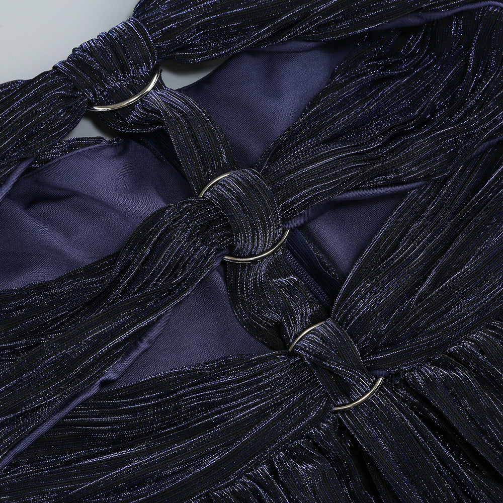 bonnie halter pleated cutout maxi dress in navy blue