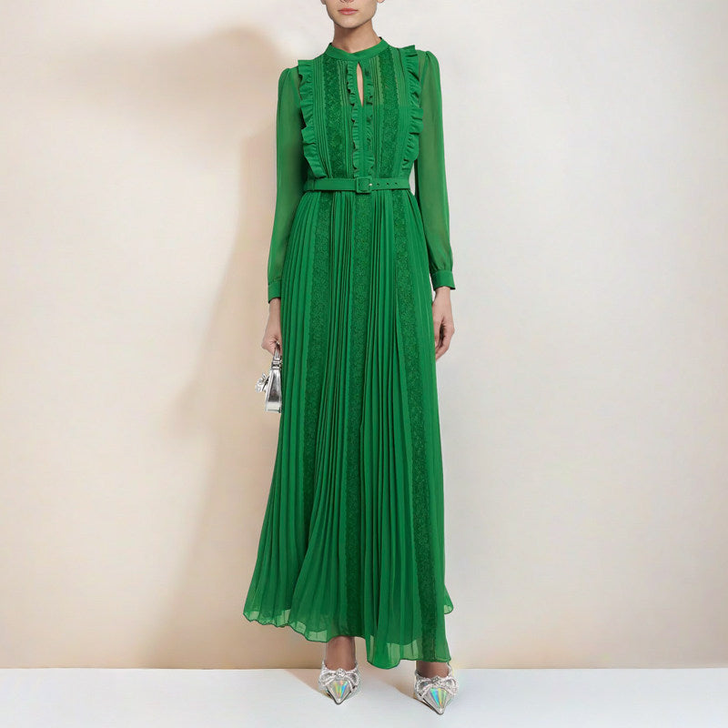 green long sleeve lace splicing pleated dress