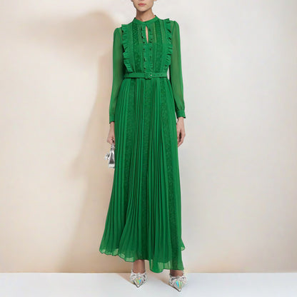green long sleeve lace splicing pleated dress
