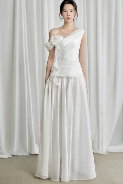 One-Shoulder 3D Flower Ruched Maxi Dress