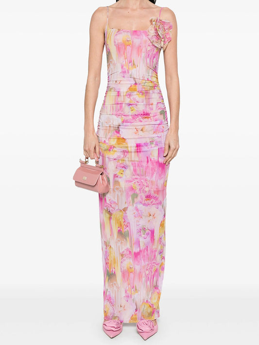 molly Floral Appliqué Print Maxi Dress in pink