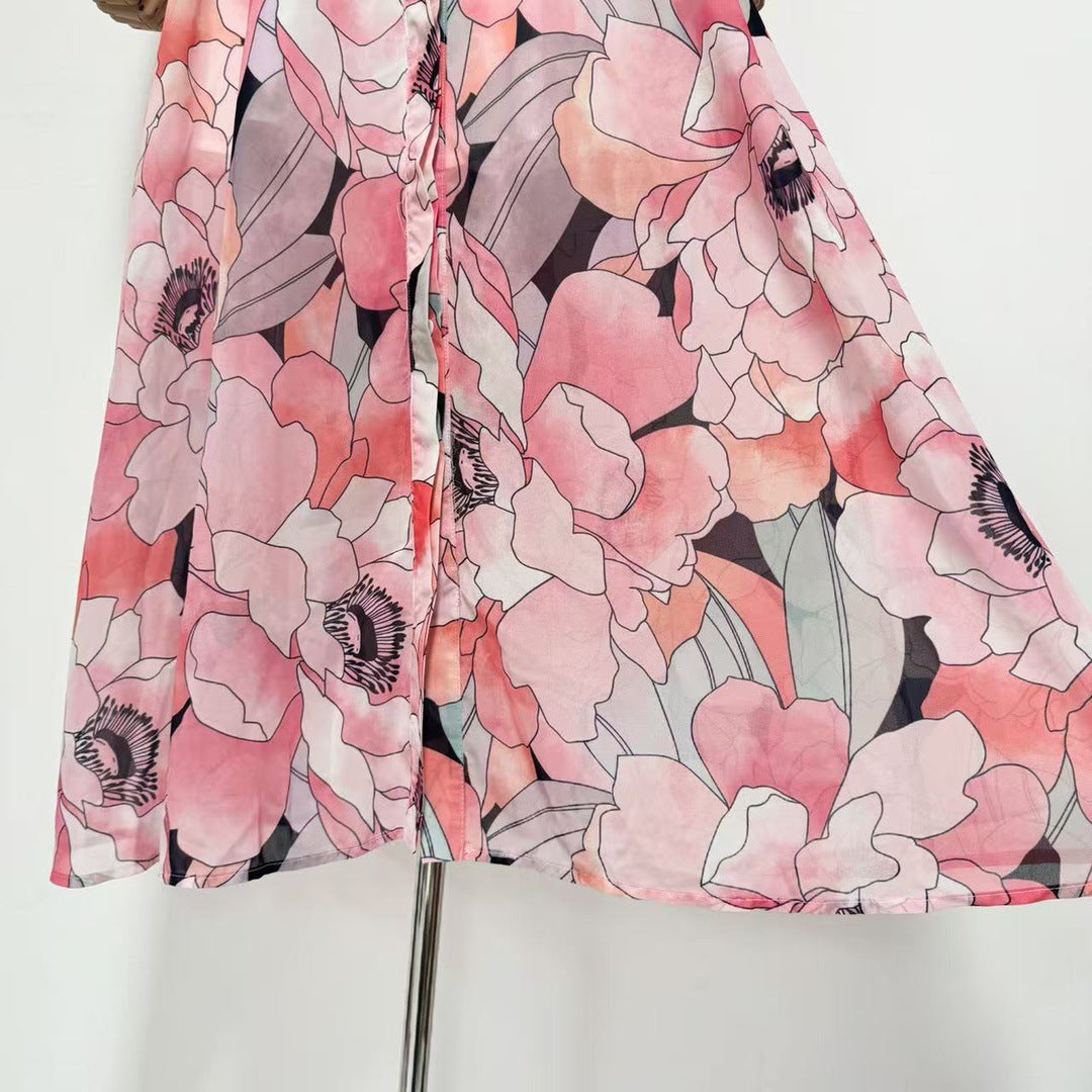floral print silk organza maxi dress in pink-multi