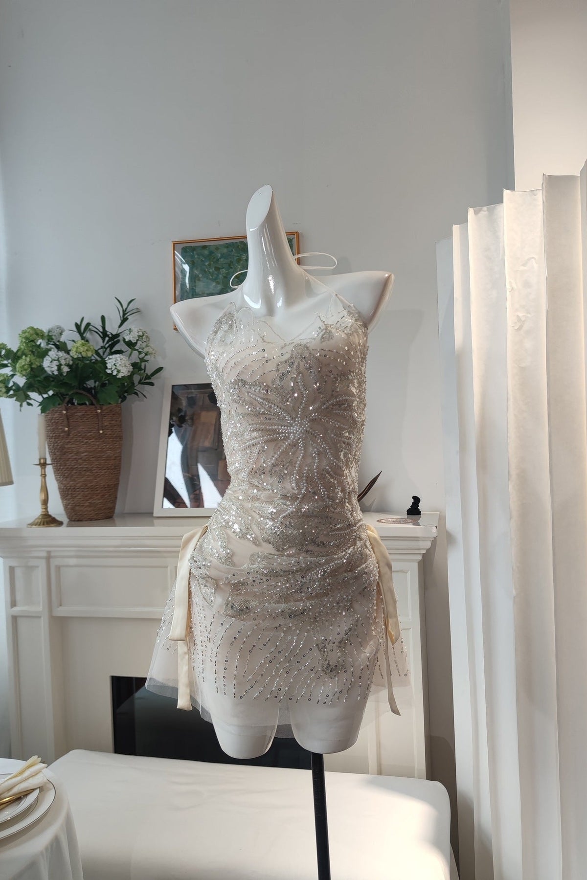 Ivory Sheer Mesh Beaded A-Line Mini Dress