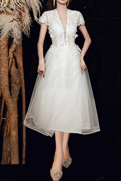 3D Floral Lace Short Sleeve Tulle Floor-Length Evening Gown